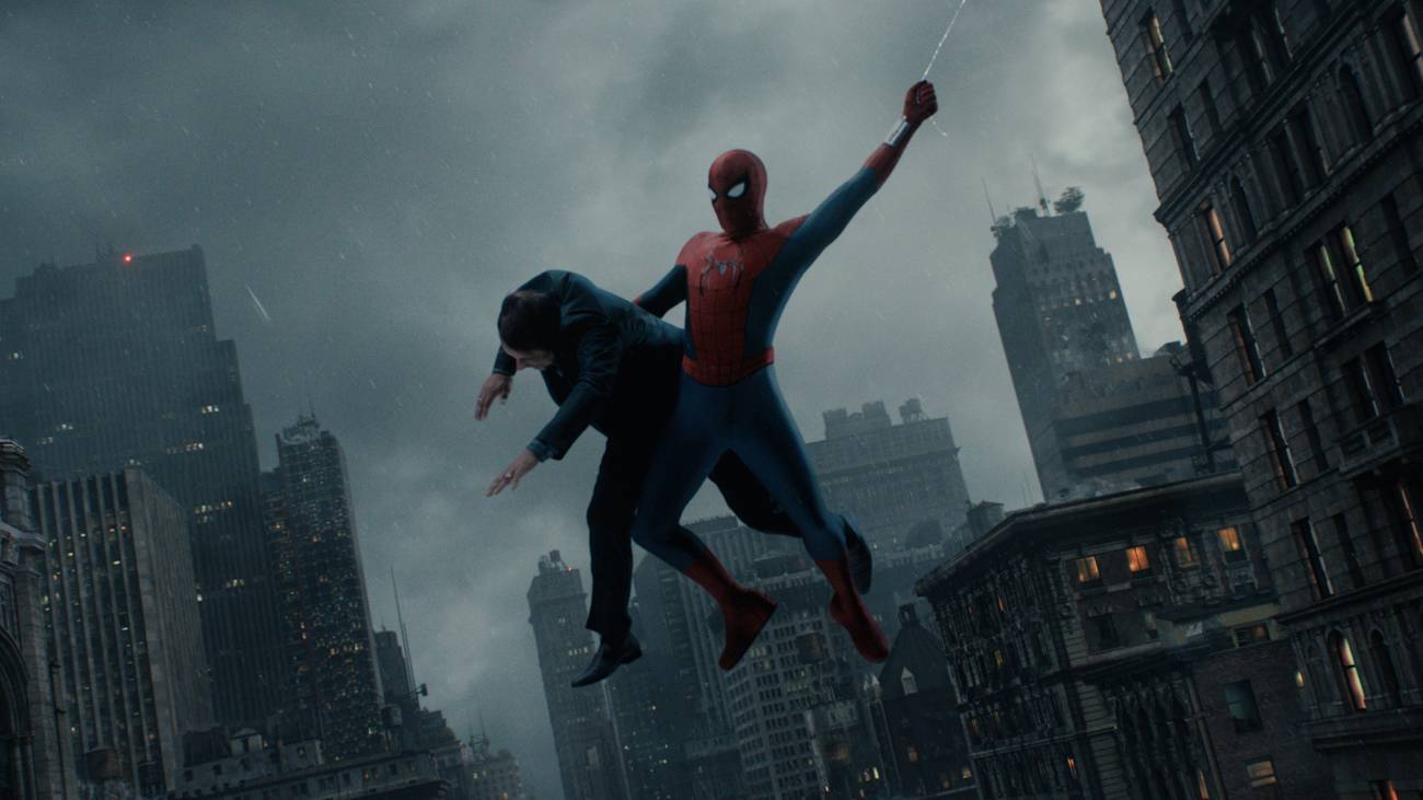 Spider Man swings through the sky while holding someone in Brand New Day 