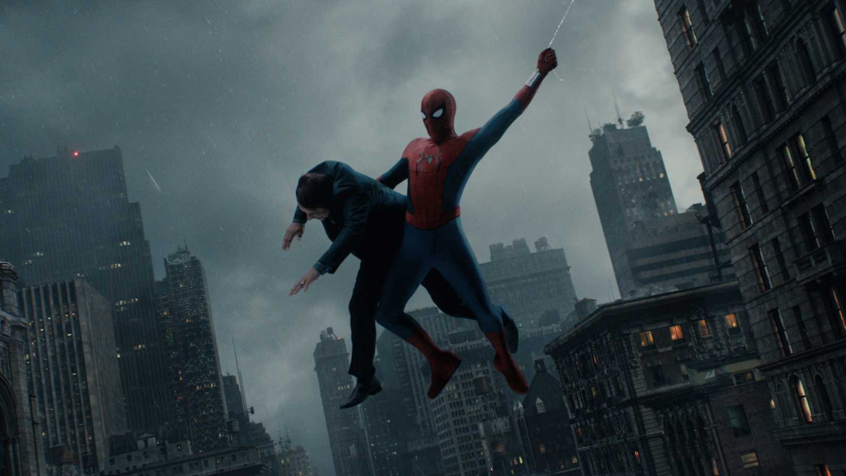 Spider Man swings through the sky while holding someone in Brand New Day 