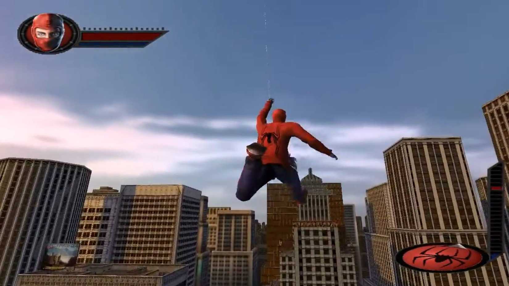 Spider-Man swinging across rooftops in Spider-Man: The Movie PS2 gameplay.