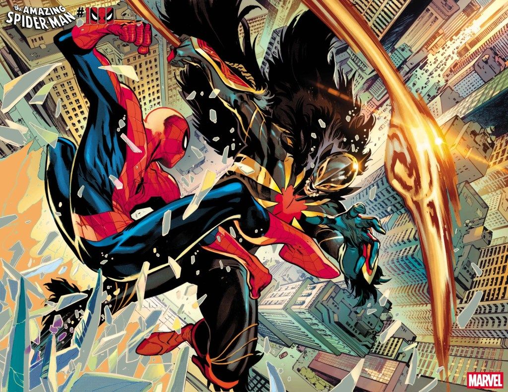 Spidey lucha contra Devastador en Amazing Spider-Man #1000 en el arte de Pepe Larraz