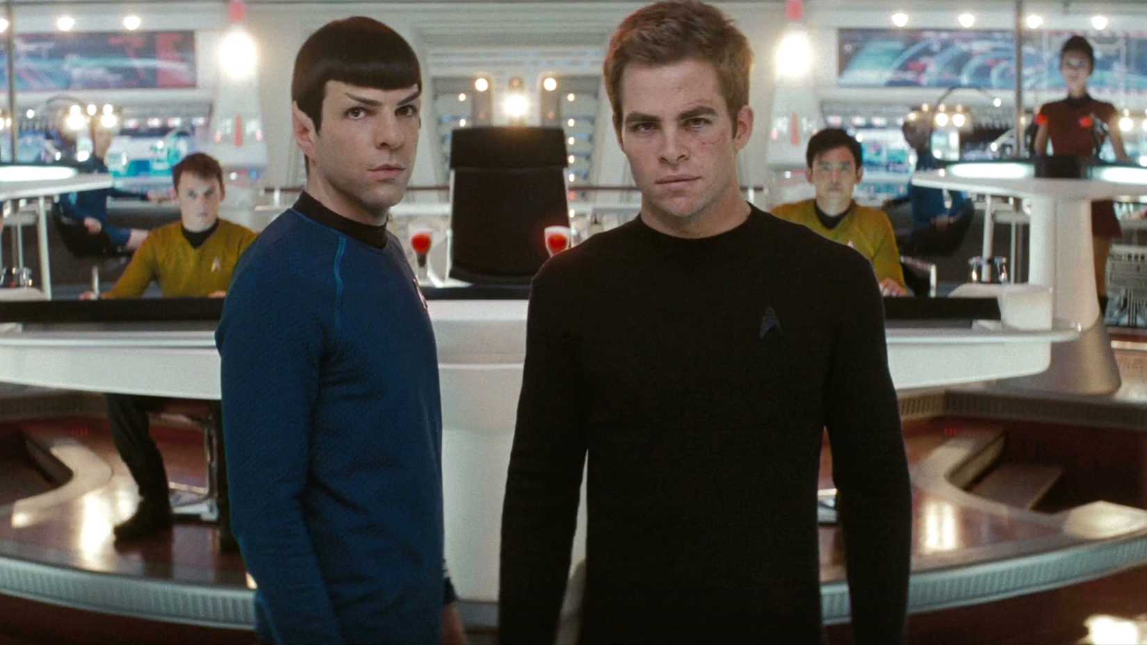 Spock and Kirk in JJ Abrams Star Trek bridge