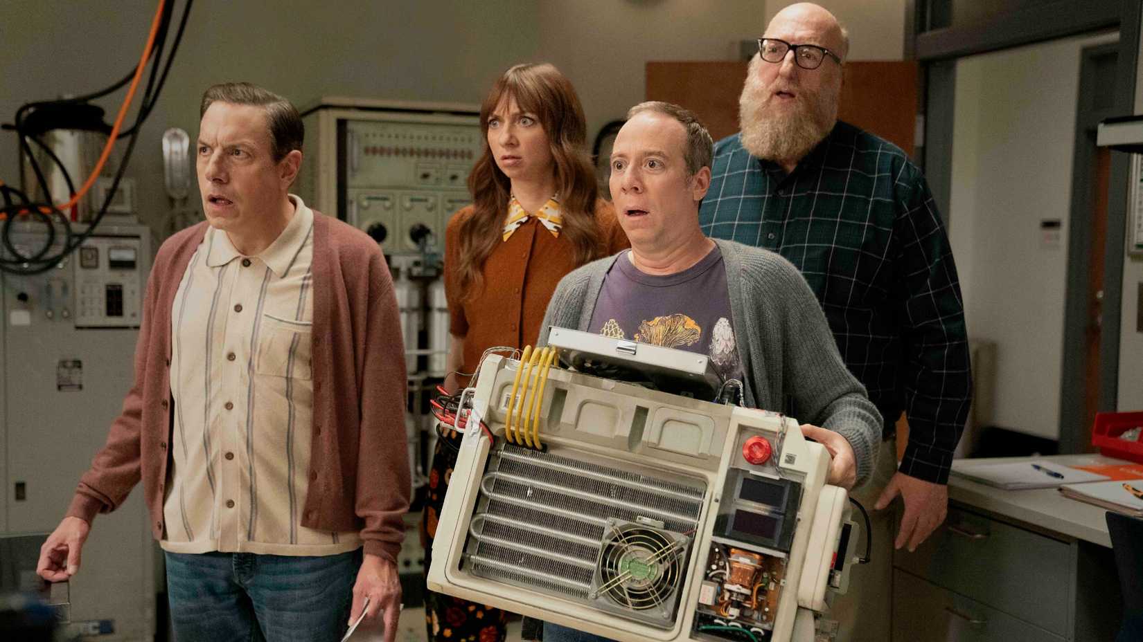 A still of Kevin Sussman, Brian Posehn, Lauren Lapkus, and John Ross Bowie from Stuart Fails To Save The Universe.