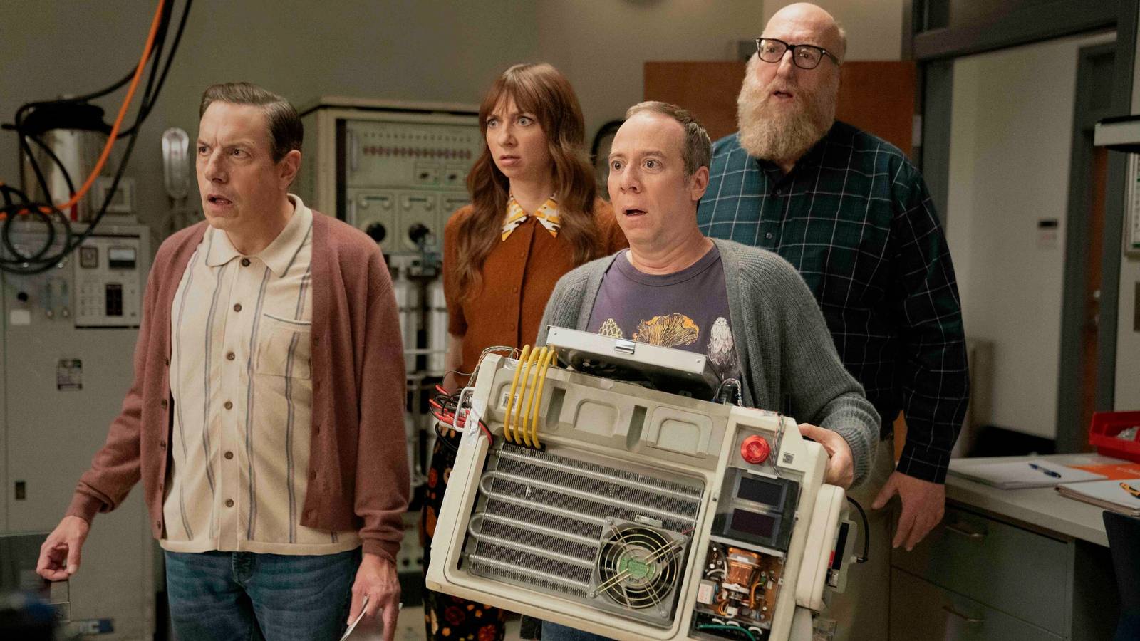 A still of Kevin Sussman, Brian Posehn, Lauren Lapkus, and John Ross Bowie from Stuart Fails To Save The Universe.