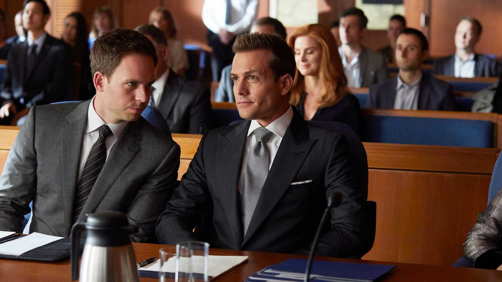Still from Suits season 7 with Patrick J. Adams as Mike Ross and Gabriel Macht as Harvey Specter.