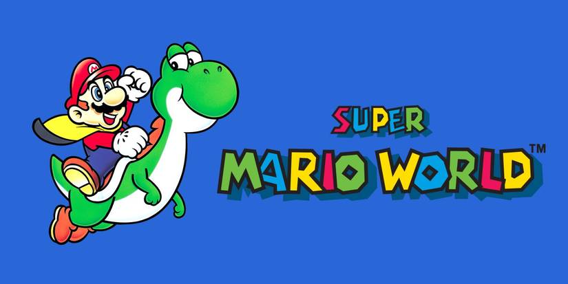 Super Mario World text mark with Mario riding Yoshi next to it.