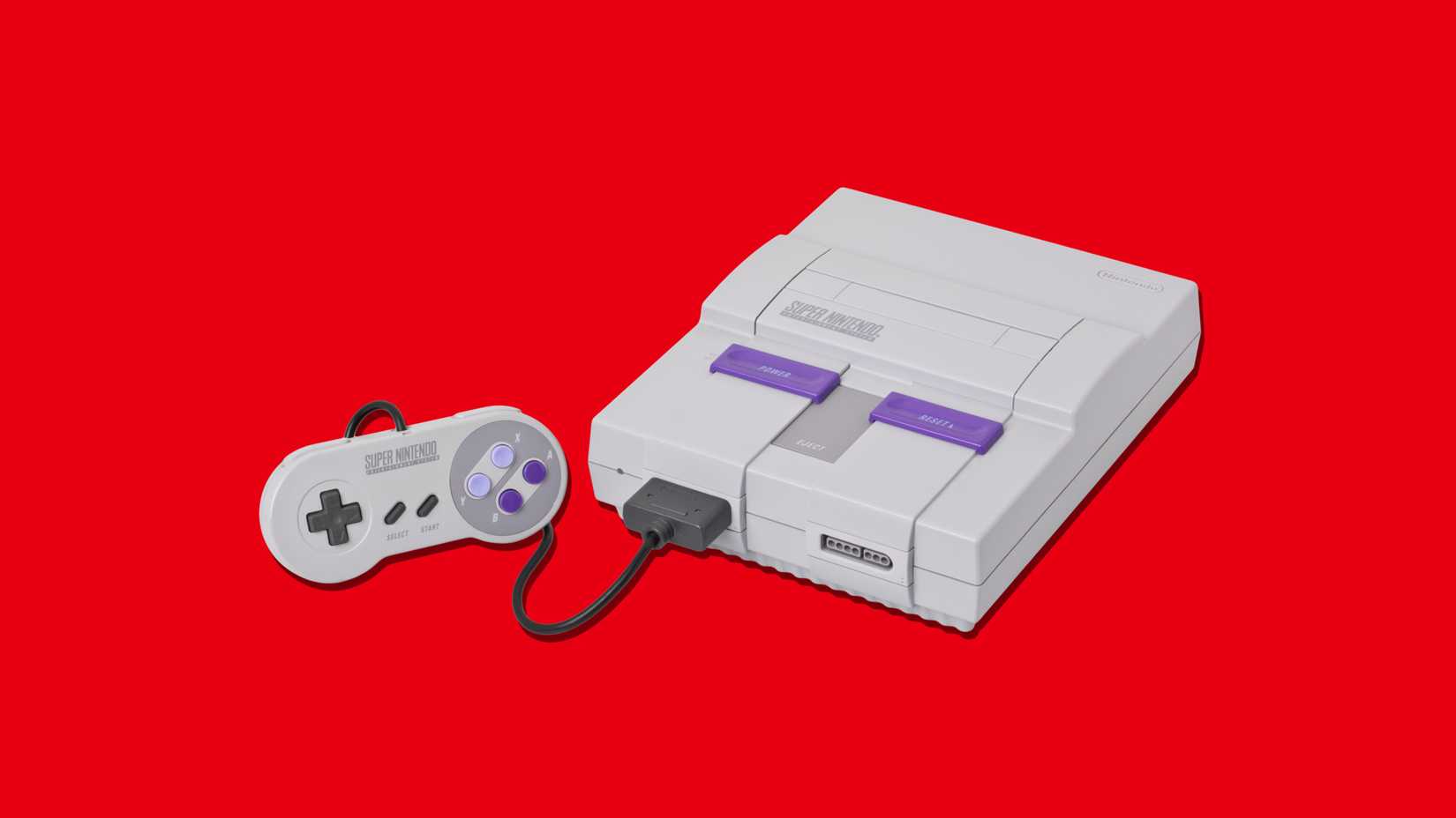 An SNES and an attached controller on a red background.