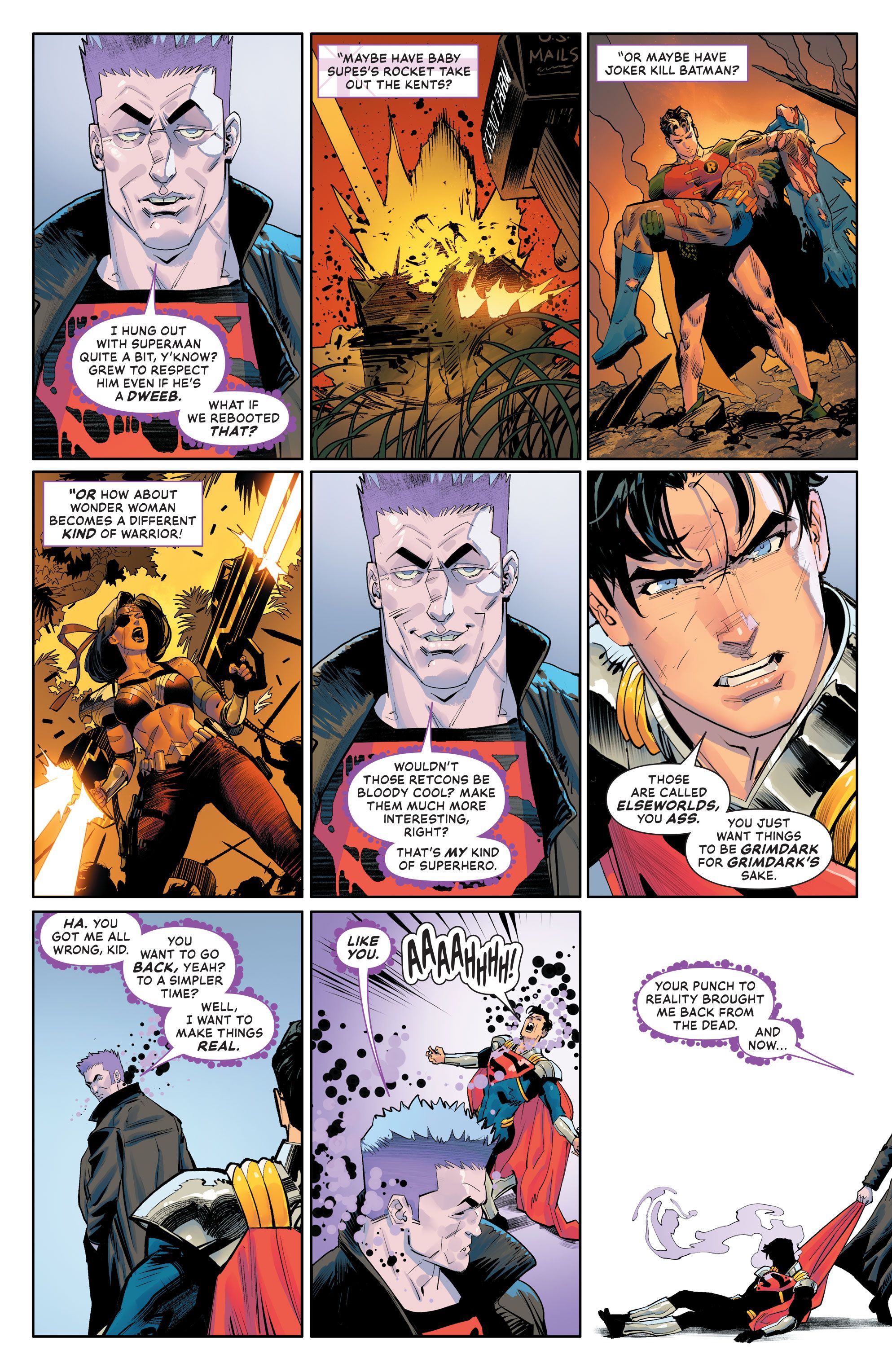 Superboy-Prime discusses comic tropes with Manchester Black