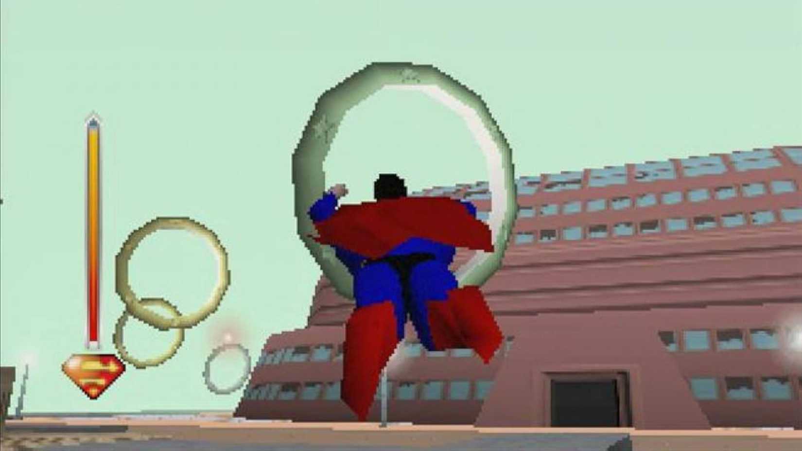 Superman flying through rings in Superman 64.