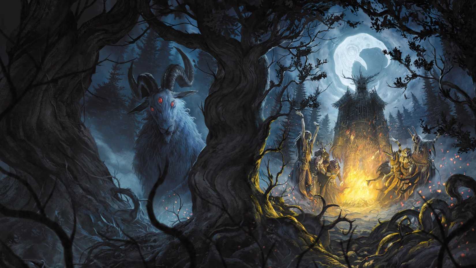 Several characters are assembled in a dark forest in The Crooked Moon.