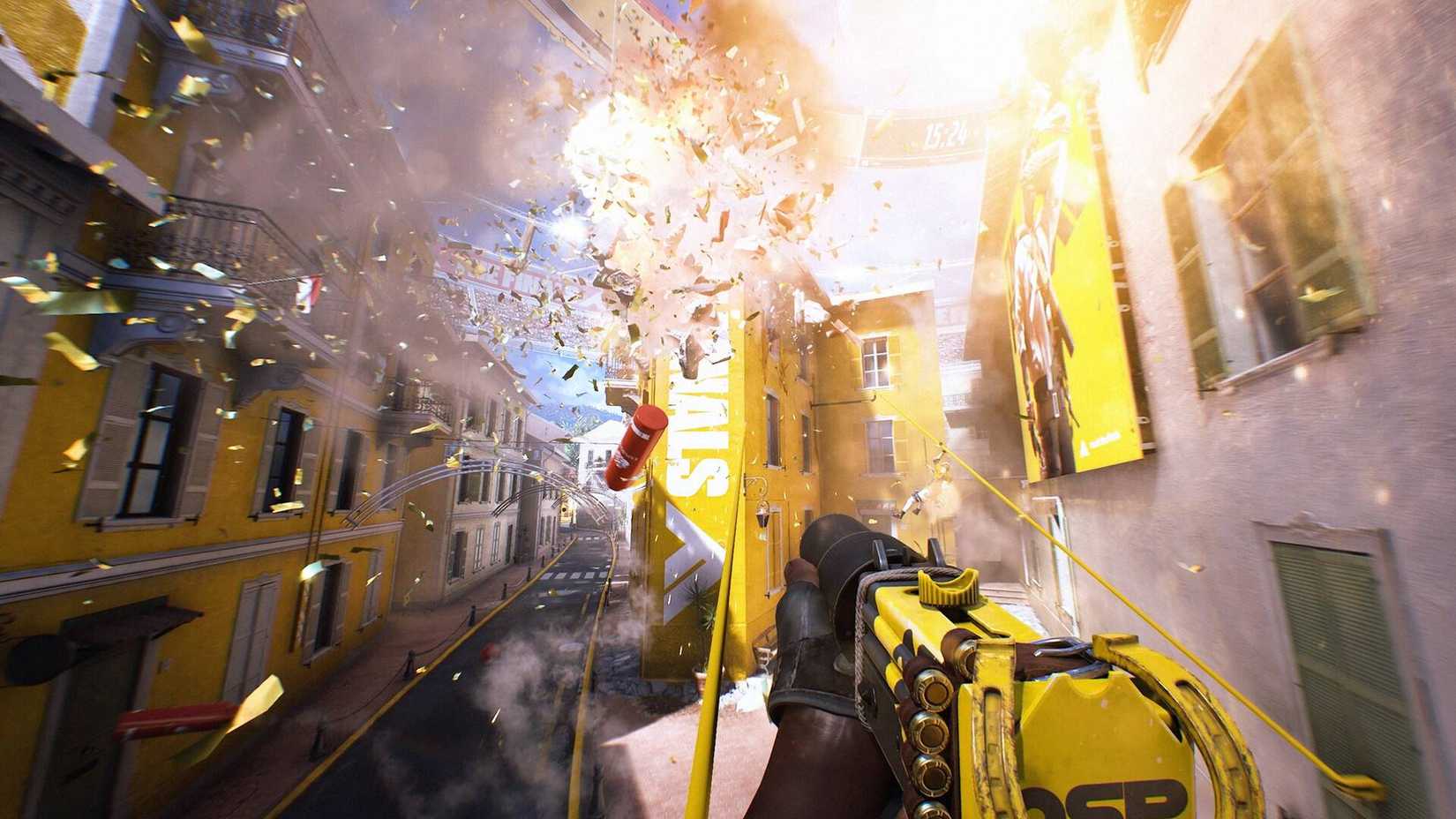 The player looking at a building exploding in The Finals.