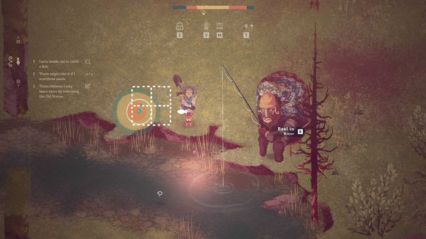The player fishing near a villager in The Garden Path.