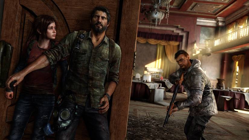 Joel shielding Ellie around a corner from a man with a rifle.