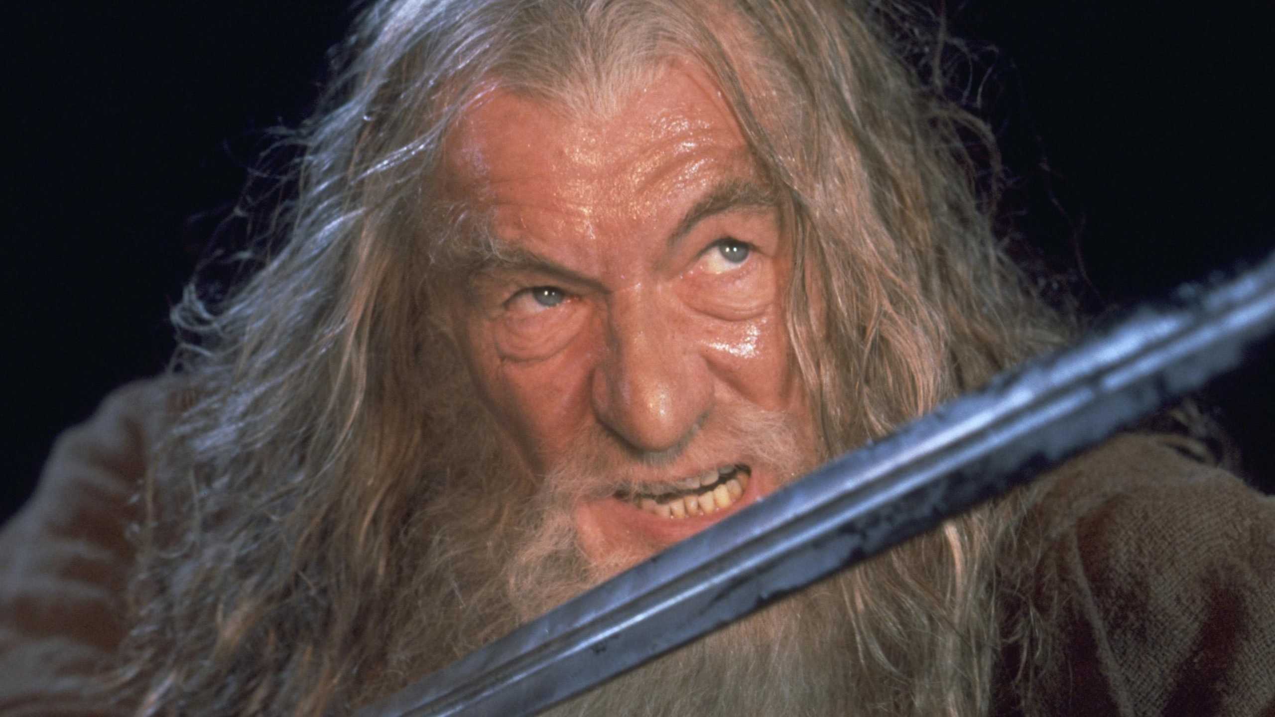 Ian McKellen as Gandalf holding a sword and glaring at the balrog in The Lord of the Rings: The Fellowship of the Rings (2001)