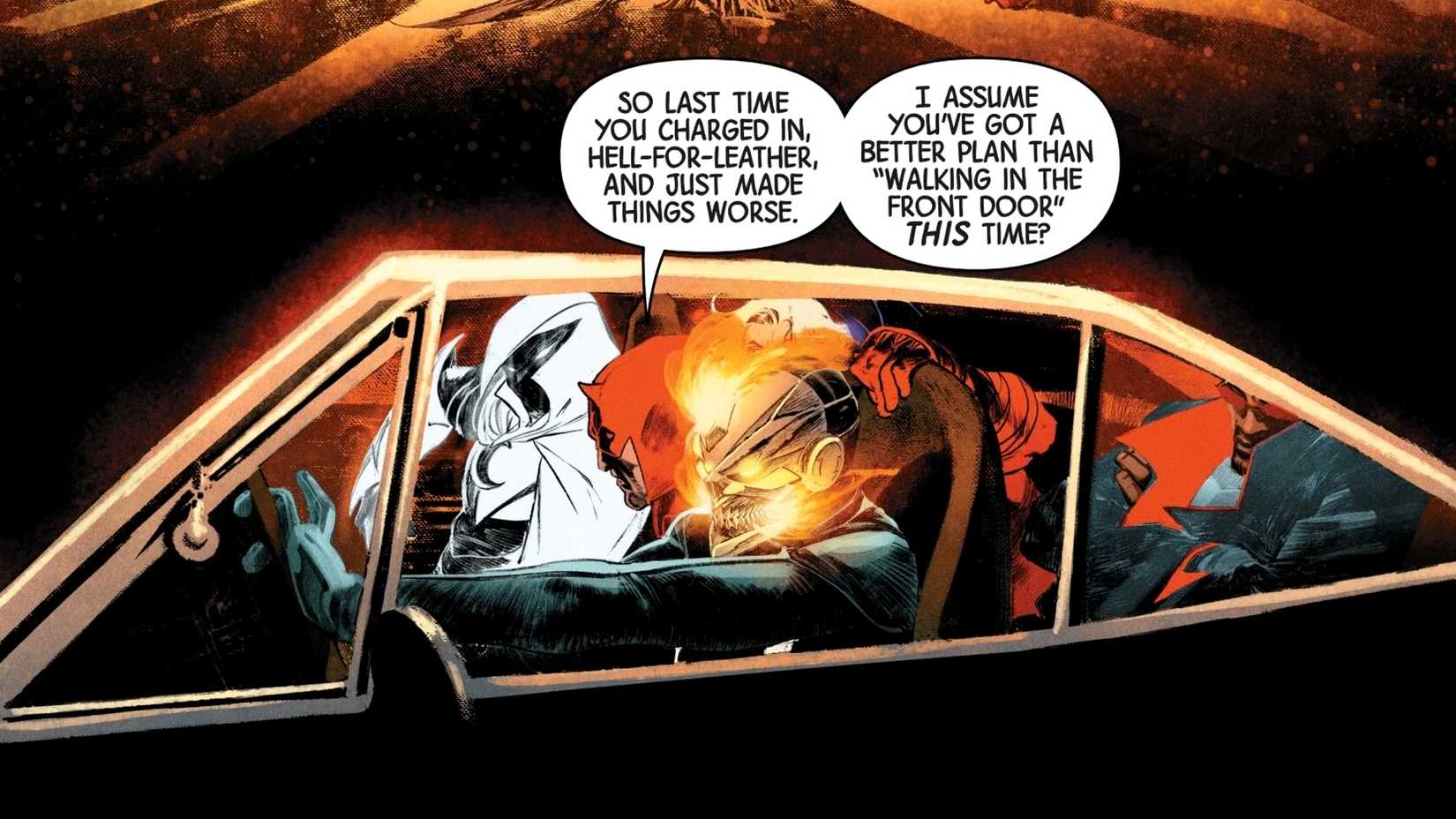 The Midnight Sons ride together in Ghost Rider's car