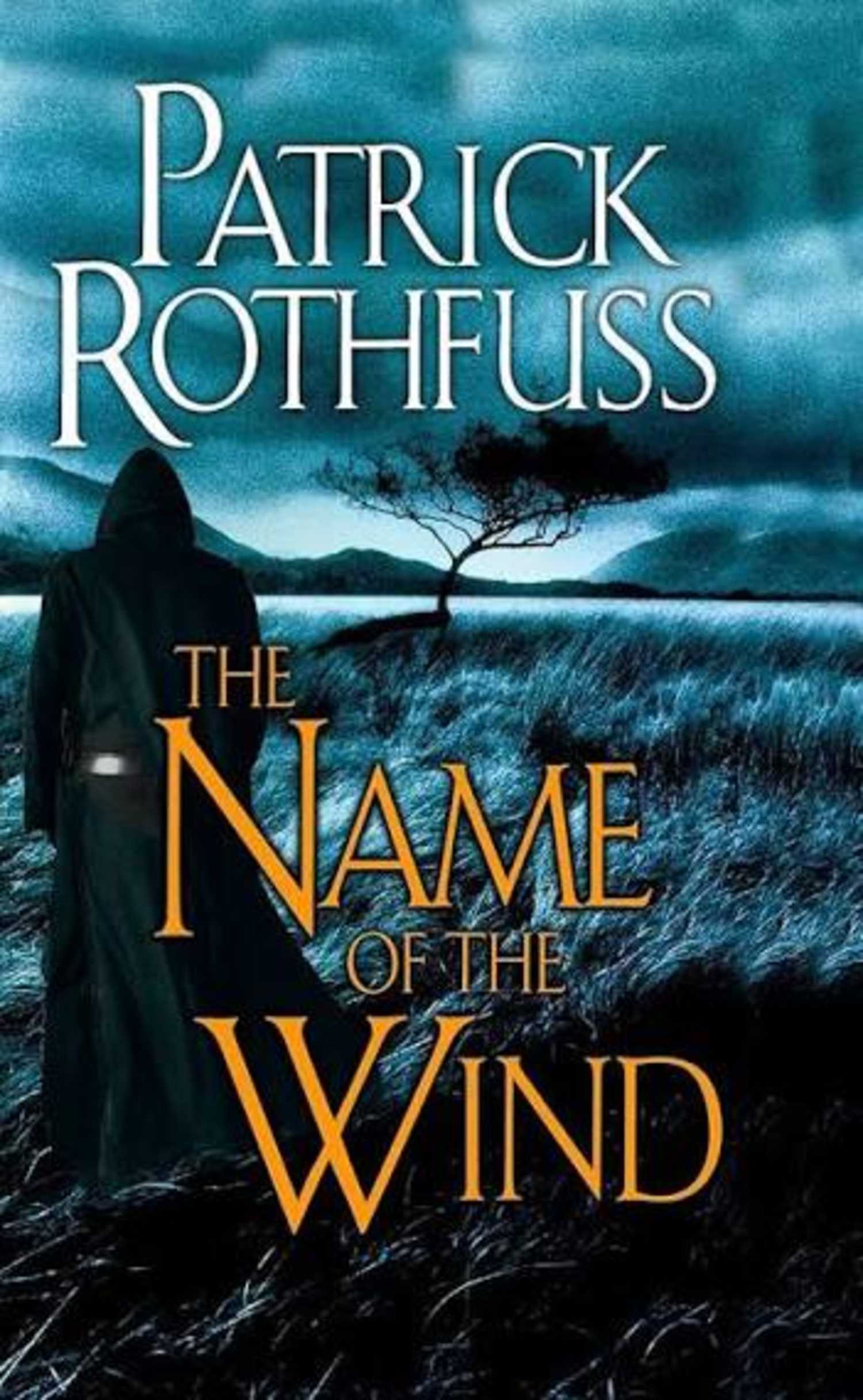 The Name of the Wind book cover, a shadowy figure on a darkened plain
