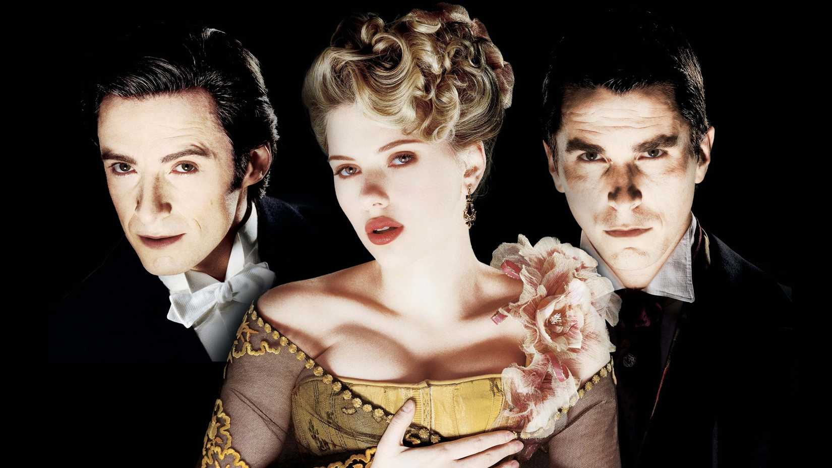 The Prestige promo shot with Hugh Jackman, Scarlett Johansson, and Christian Bale