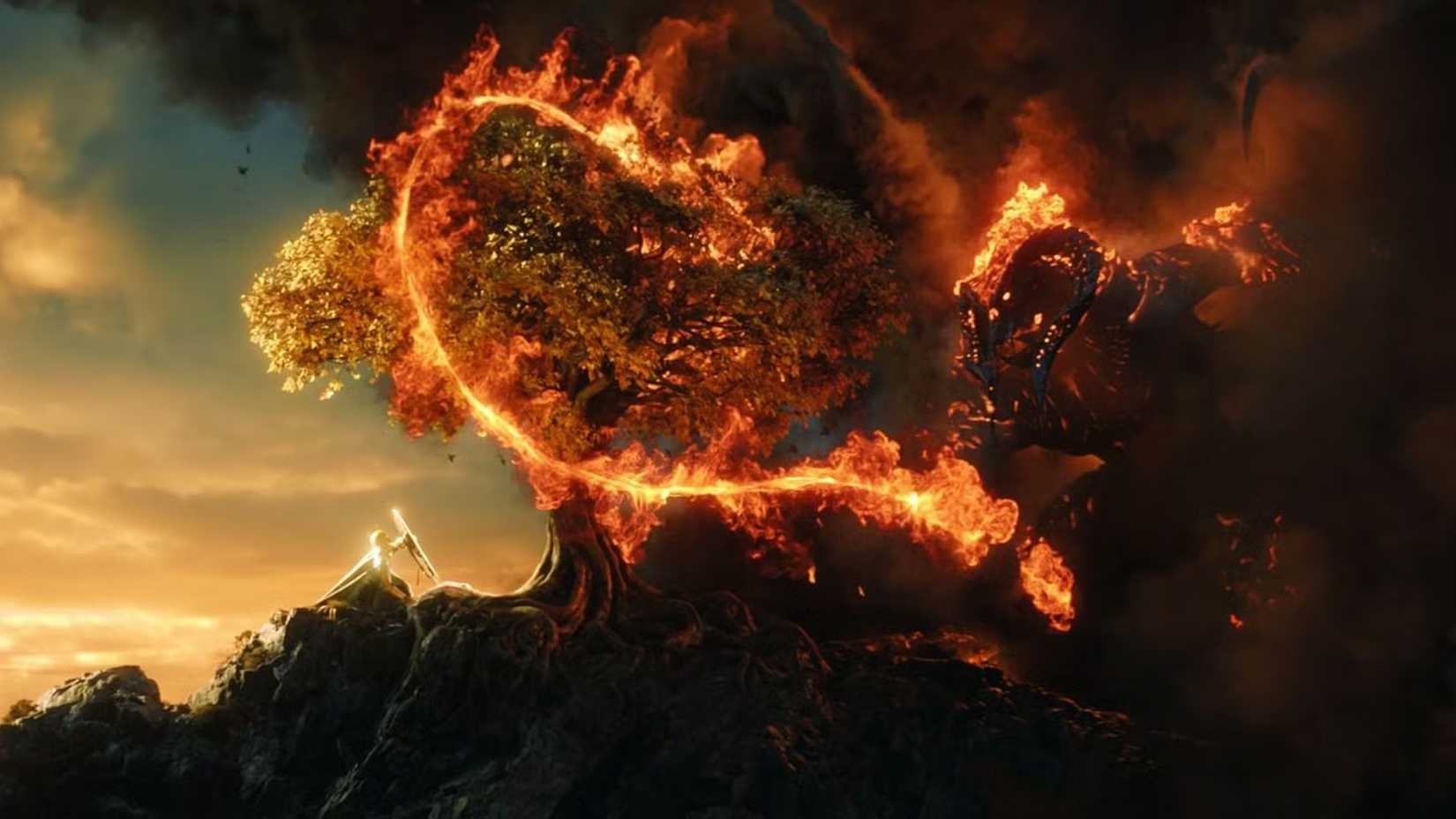 An elf and a Balrog engaged in battle in The Rings of Power