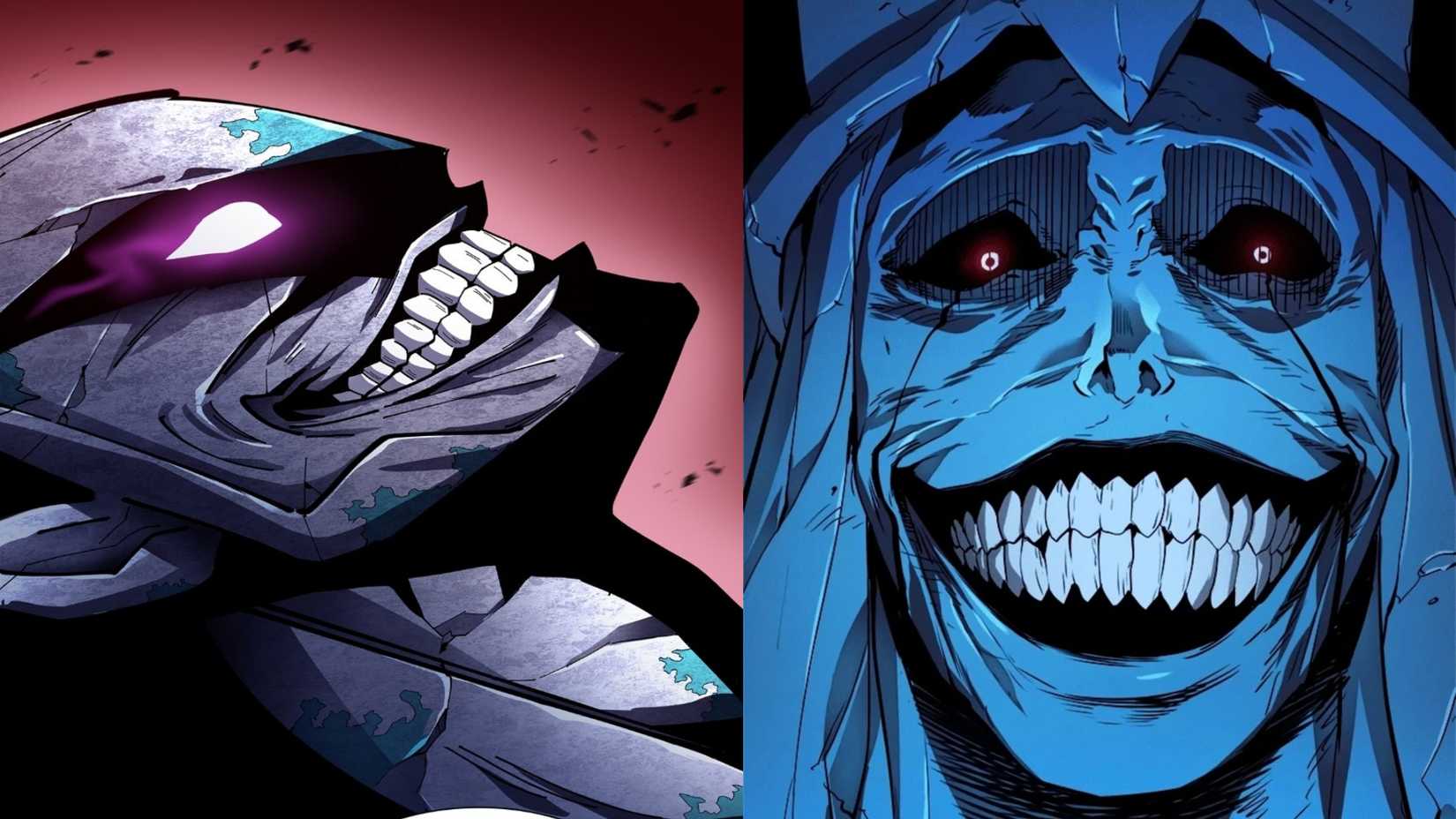 the smiling statue from shadow system side by side with the smiling statue of god from solo leveling