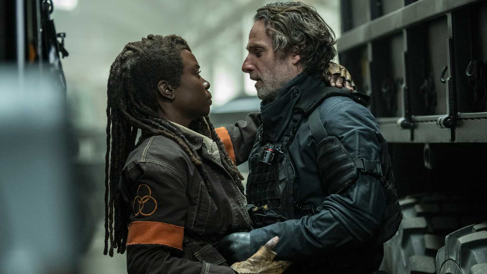 Rick and Michonne embrace in The Walking Dead: The Ones Who Live