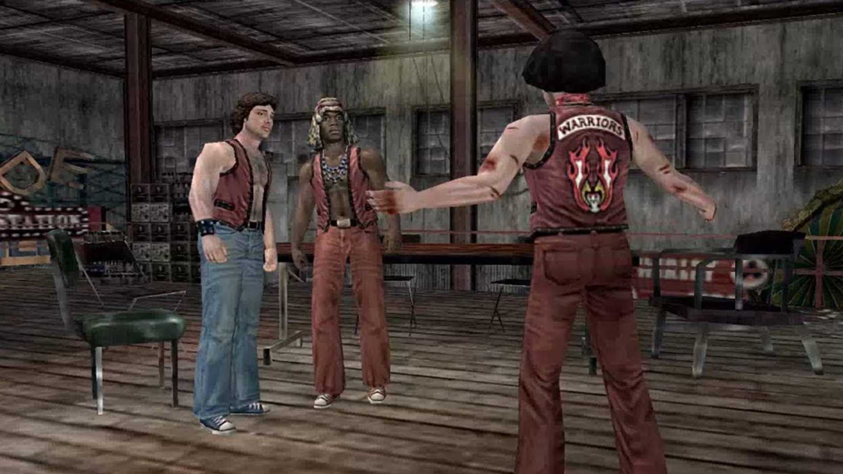 Three characters talking in The Warriors.