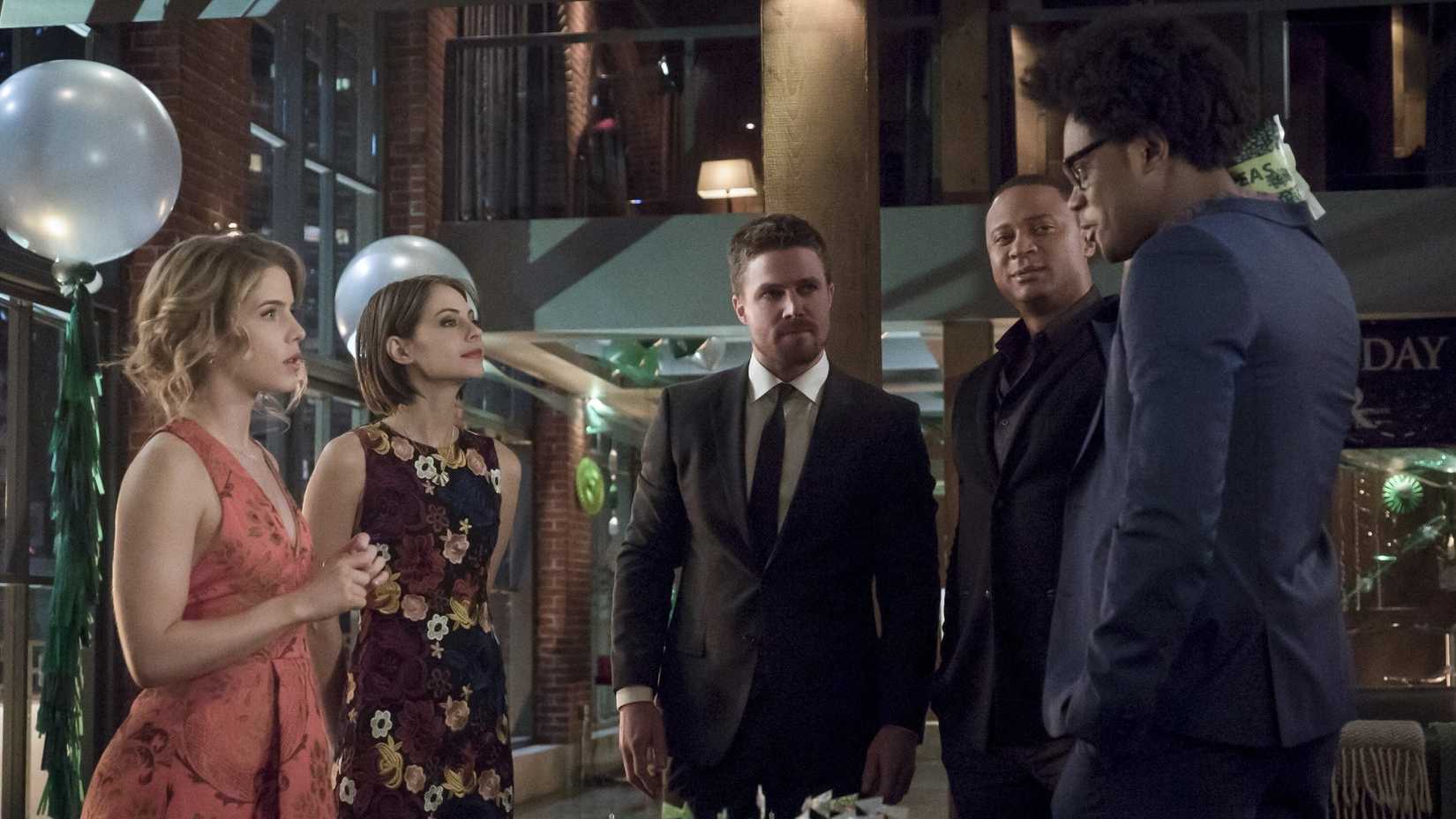 Thea, Oliver, Felicity, Curtis, and John are at Oliver's birthday party in Arrow