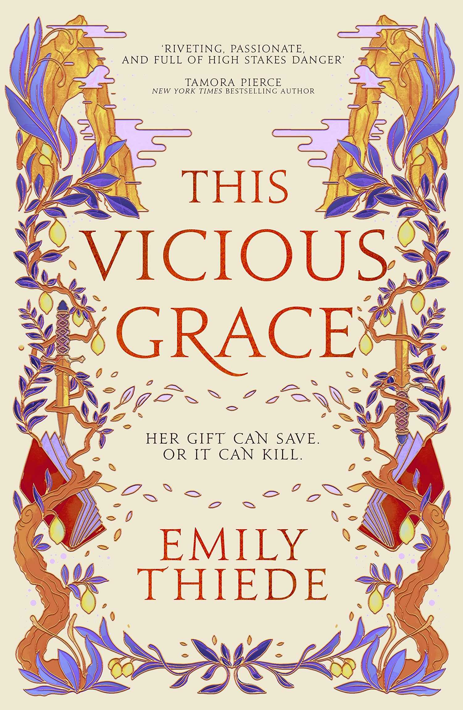 The book cover of This Vicious Grace by Emily Thiede shows trees with blue leaves 