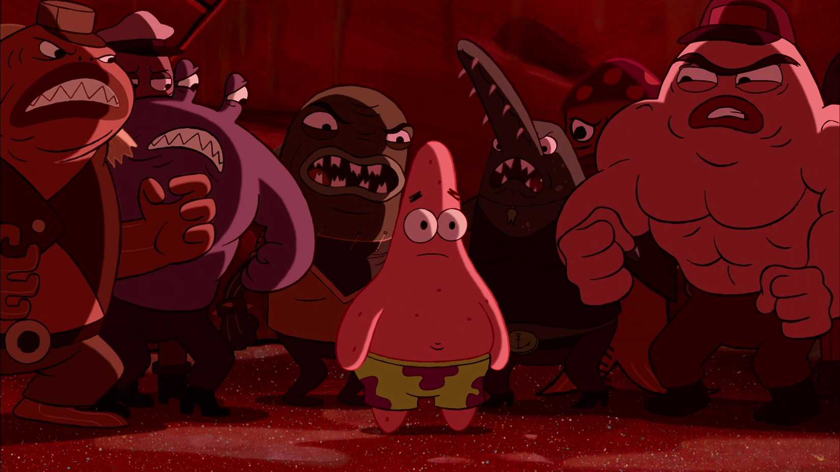 Patrick looks terrified, surrounded by a giant gang of fish in the Thug Tug in The SpongeBob SquarePants Movie.