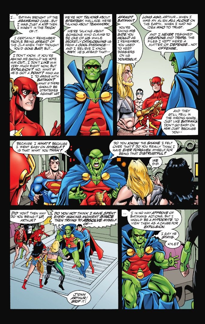 The League begins voting on Batman's place on the team in Tower of Babel. Flash and Martian Manhunter vote for Batman to stay. Aquaman votes leave.