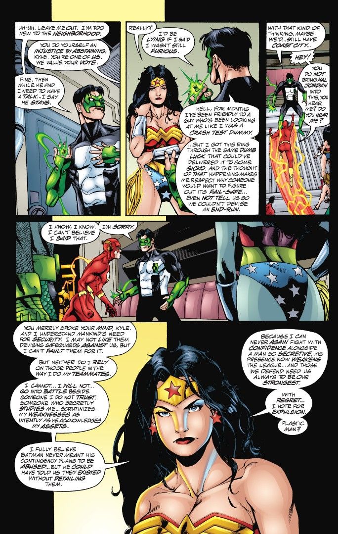 The League continues to vote on Batman's fate in Tower of Babel. Green Lantern votes stay. Wonder Woman votes leave.