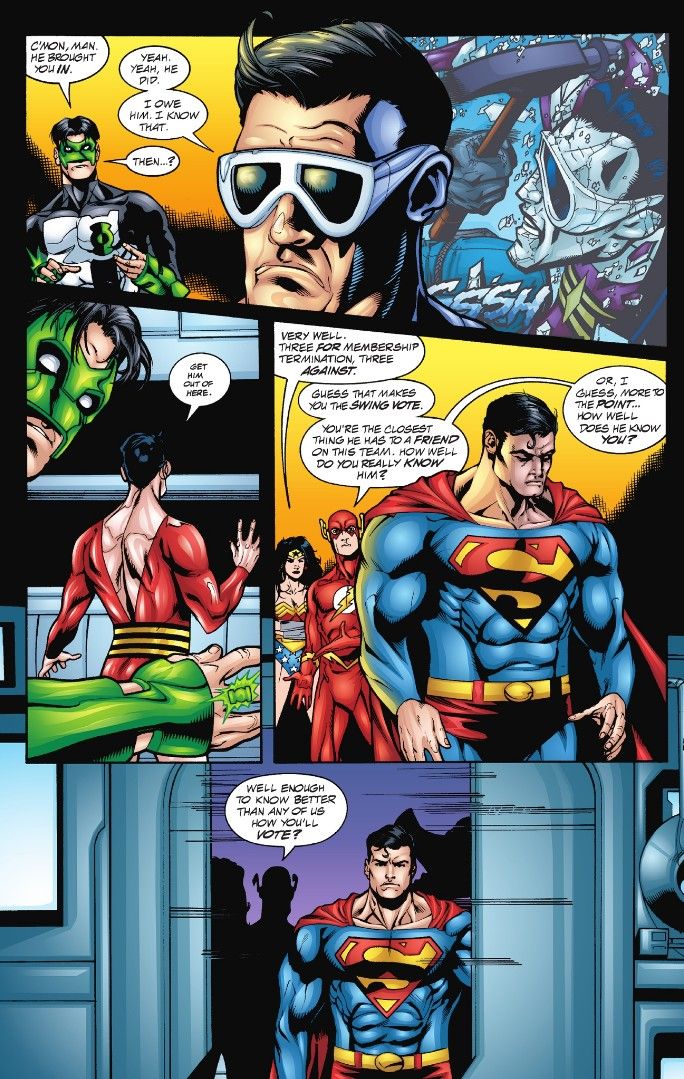 Plastic Man votes to kick Batman out of the Justice League in Tower of Babel, making it 3 to 3. Superman, without revealing his vote, goes to tell Batman of the team's decision.