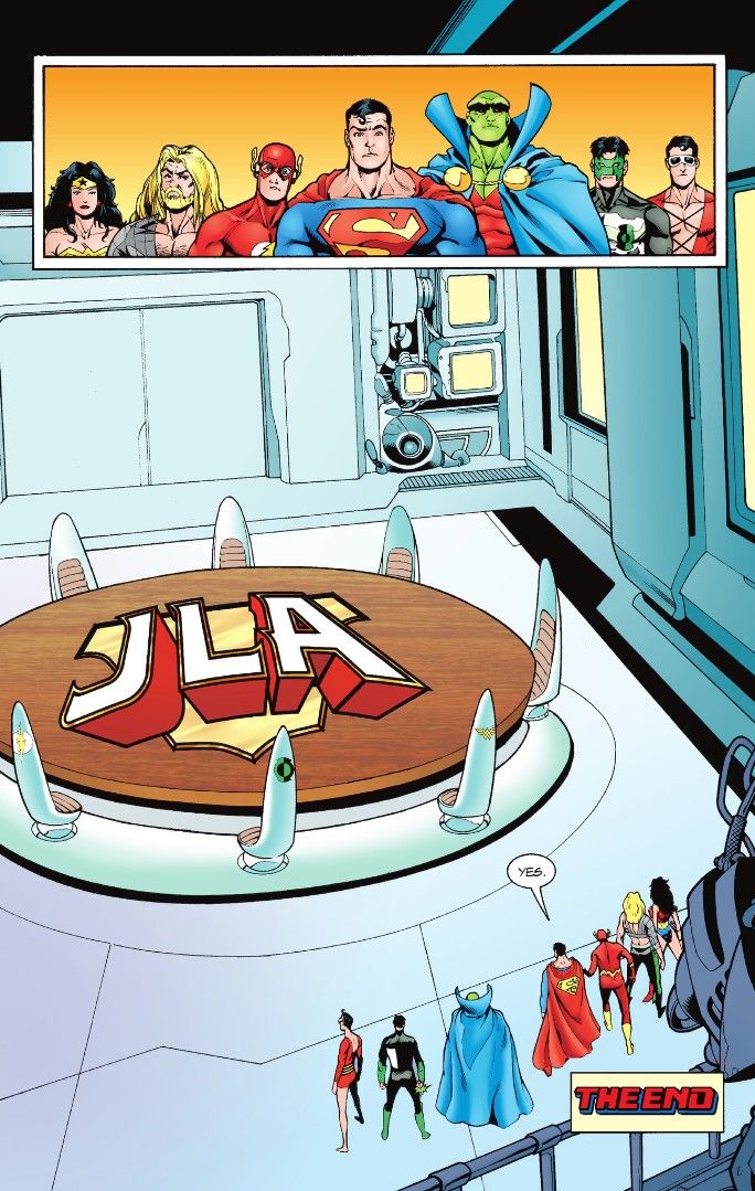 The final page of Tower of Babel. The League enters the meeting room to tell Batman their decision, but Batman is already gone.