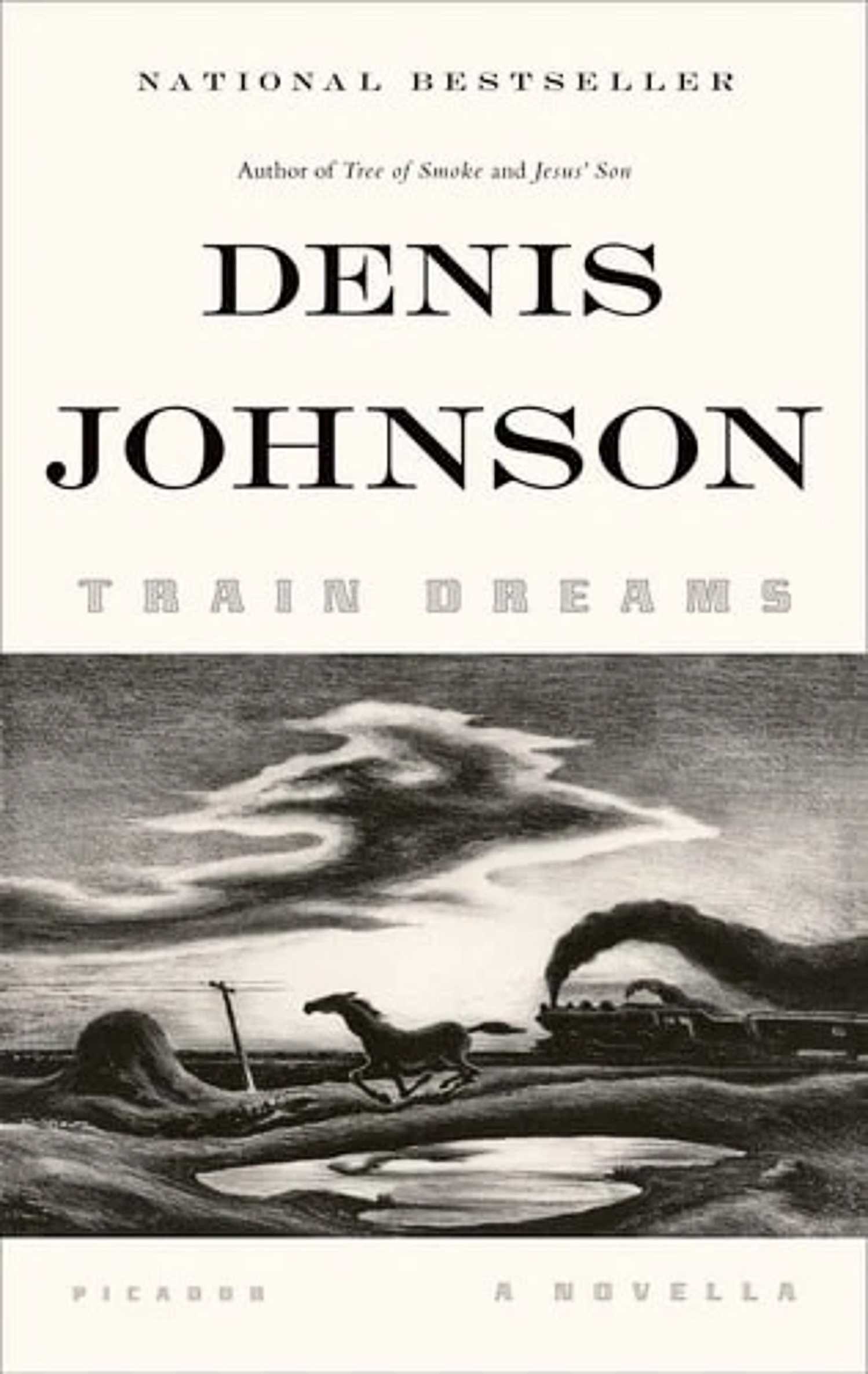 Train Dreams book cover, a horse racing a train