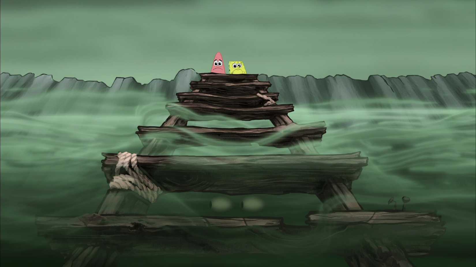 SpongeBob and Patrick frightfully look down the ladder into the ocean trench in The SpongeBob SquarePants Movie (2004). 