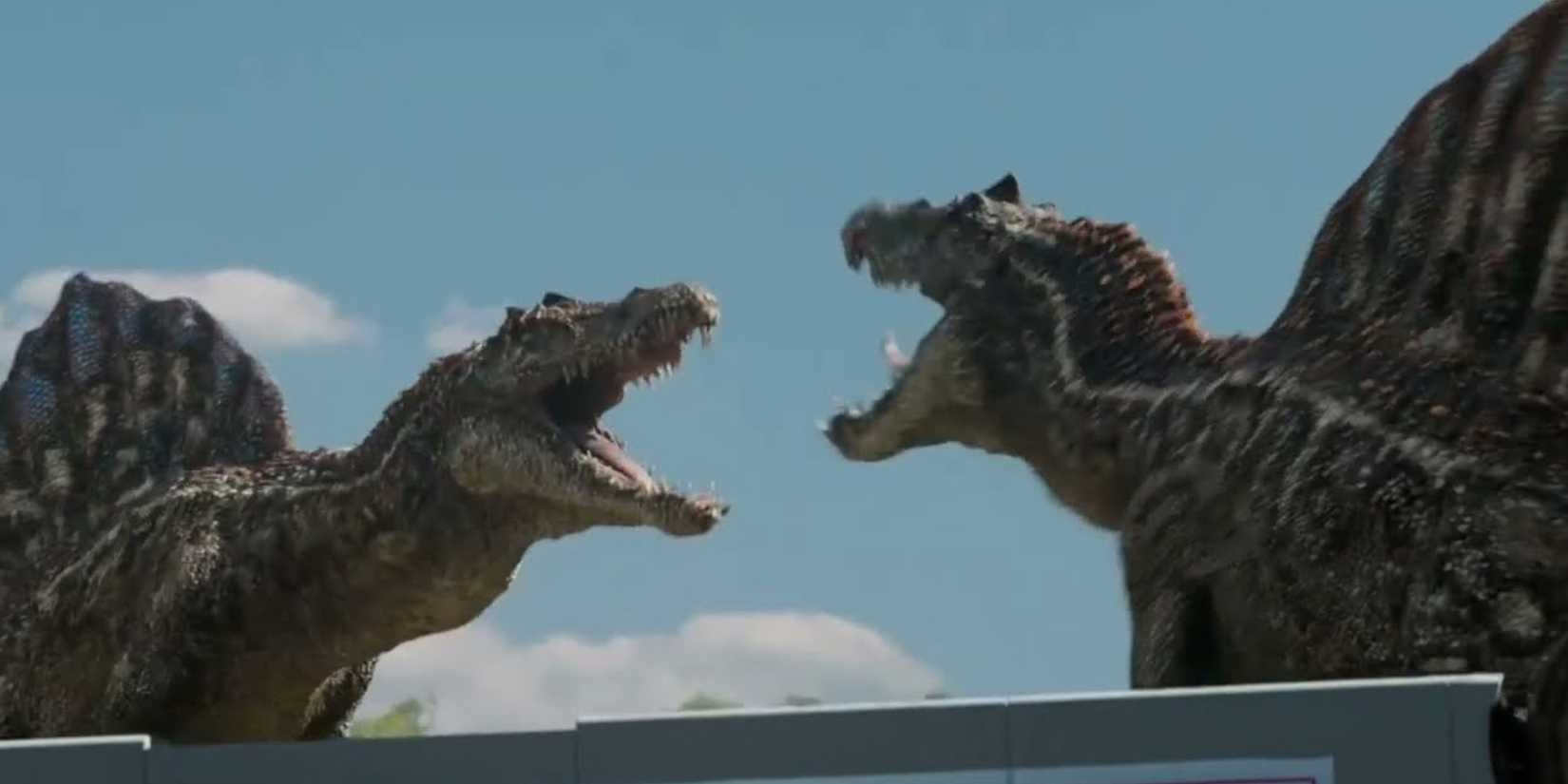 Two spinosaurus fighting in La Brea
