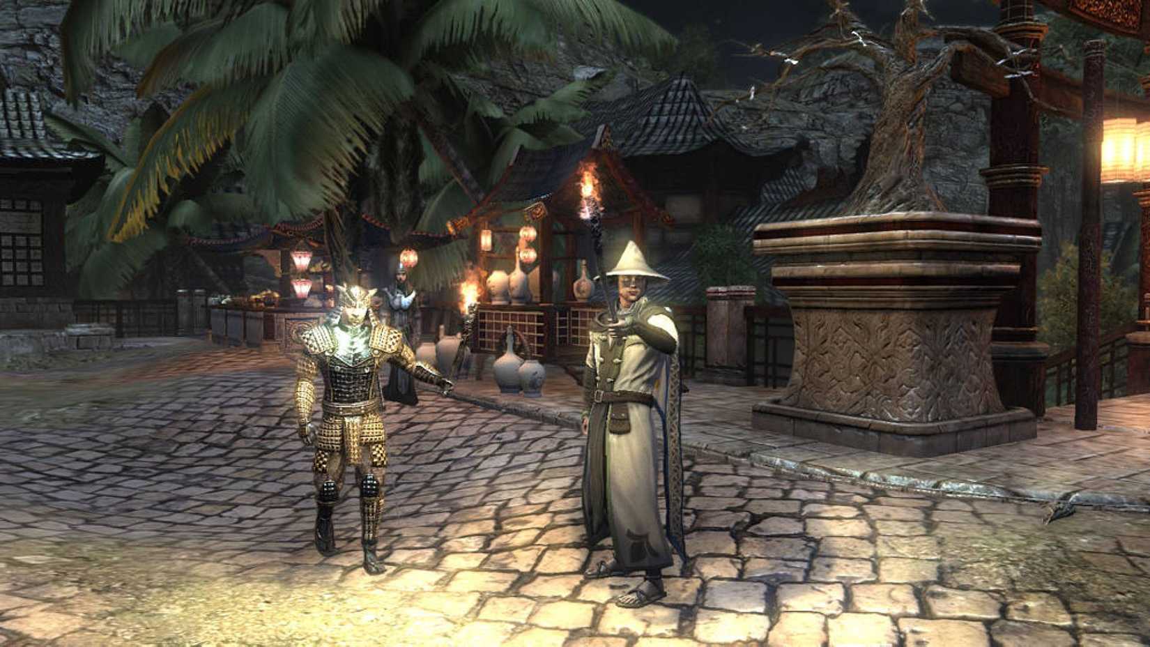 The player standing in a Japanese-themed town in Two Worlds 2.