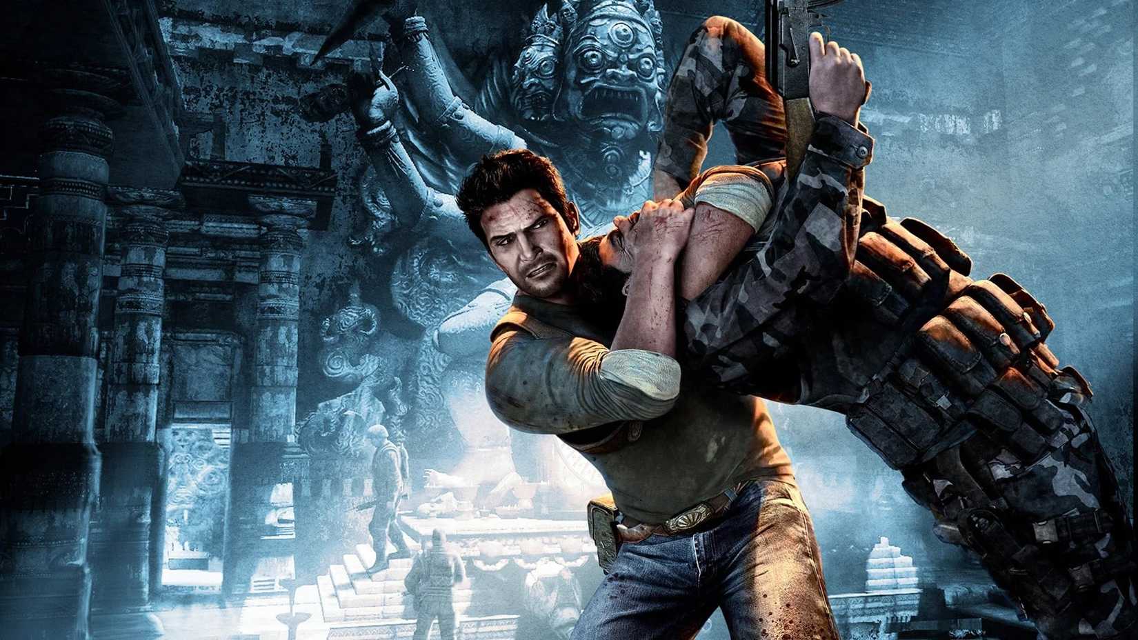 Nathan Drake strangling an enemy inside ancient ruins.