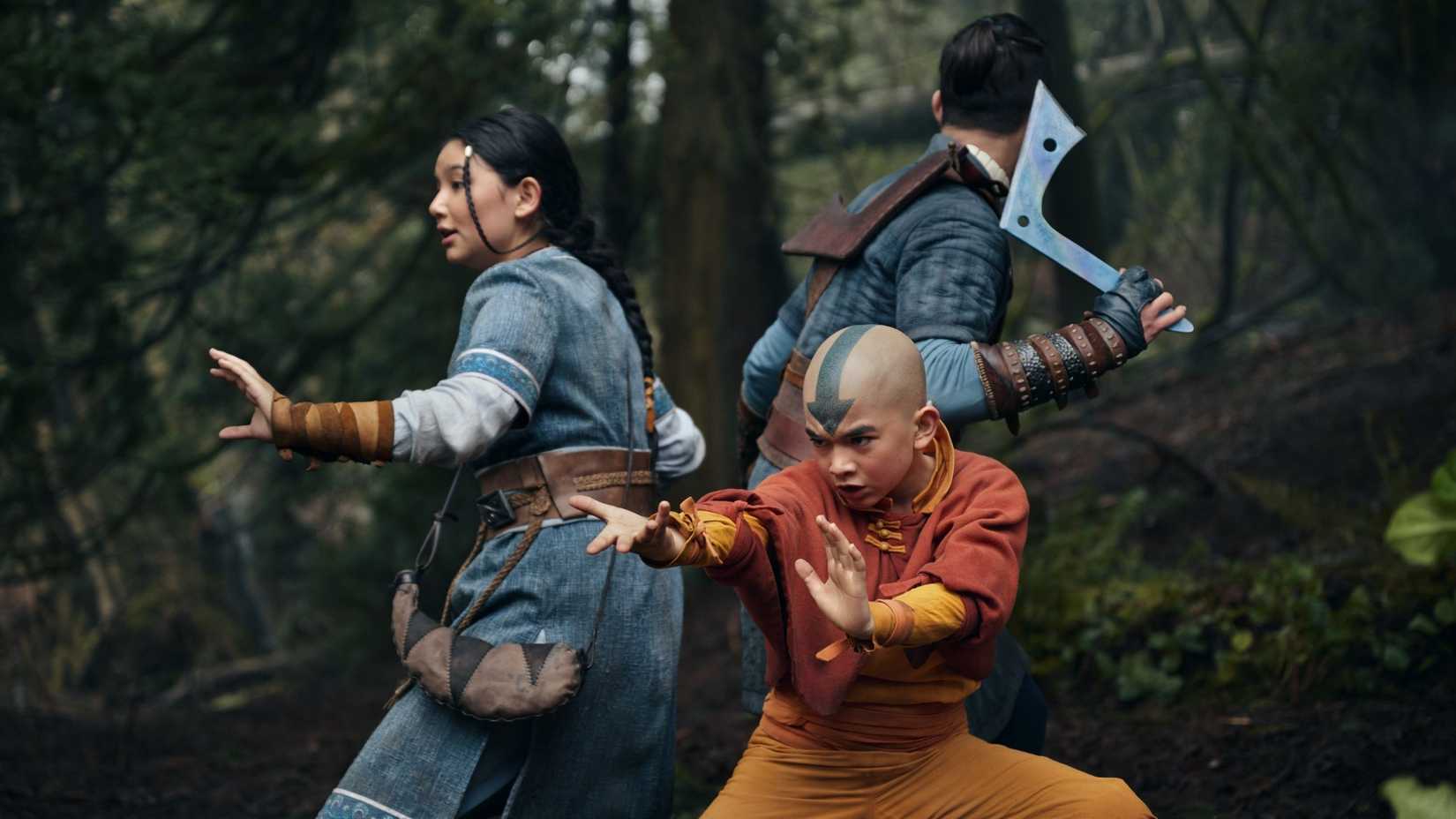 Three characters in ATLA preparing to fight, with Aang at the front