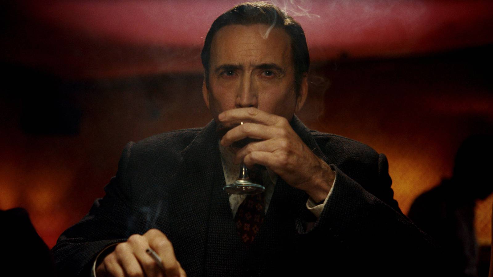 Nicolas Cage drinking and smoking in Spider-Noir