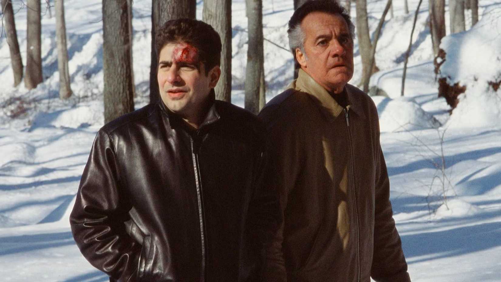 A bloodied Chris and Paulie in a snowy forest in The Sopranos episode Pine Barrens