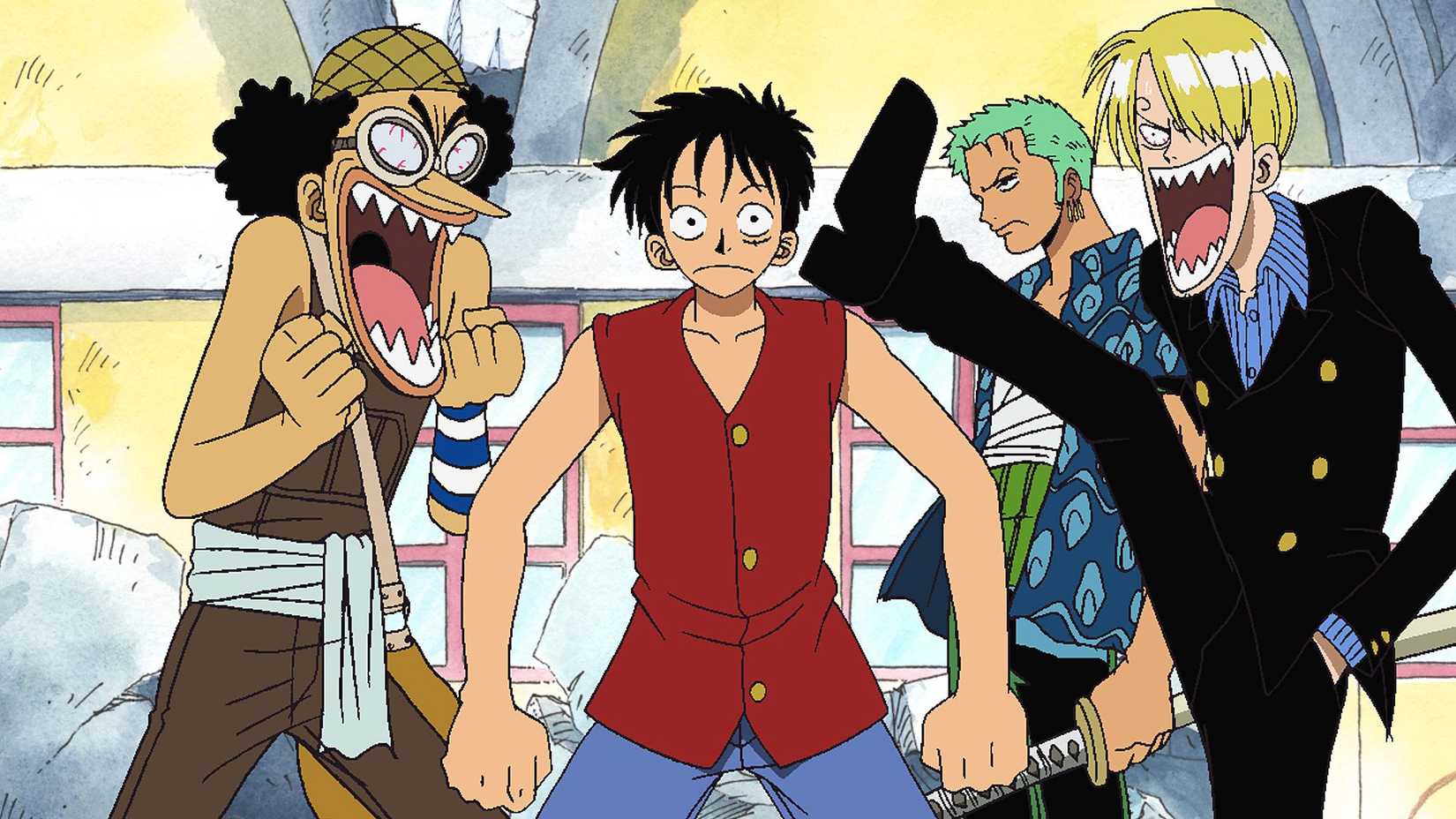 Usoppp, Luffy, Sanji, and Zoro looking confused and angry in One Piece's East Blue anime arc