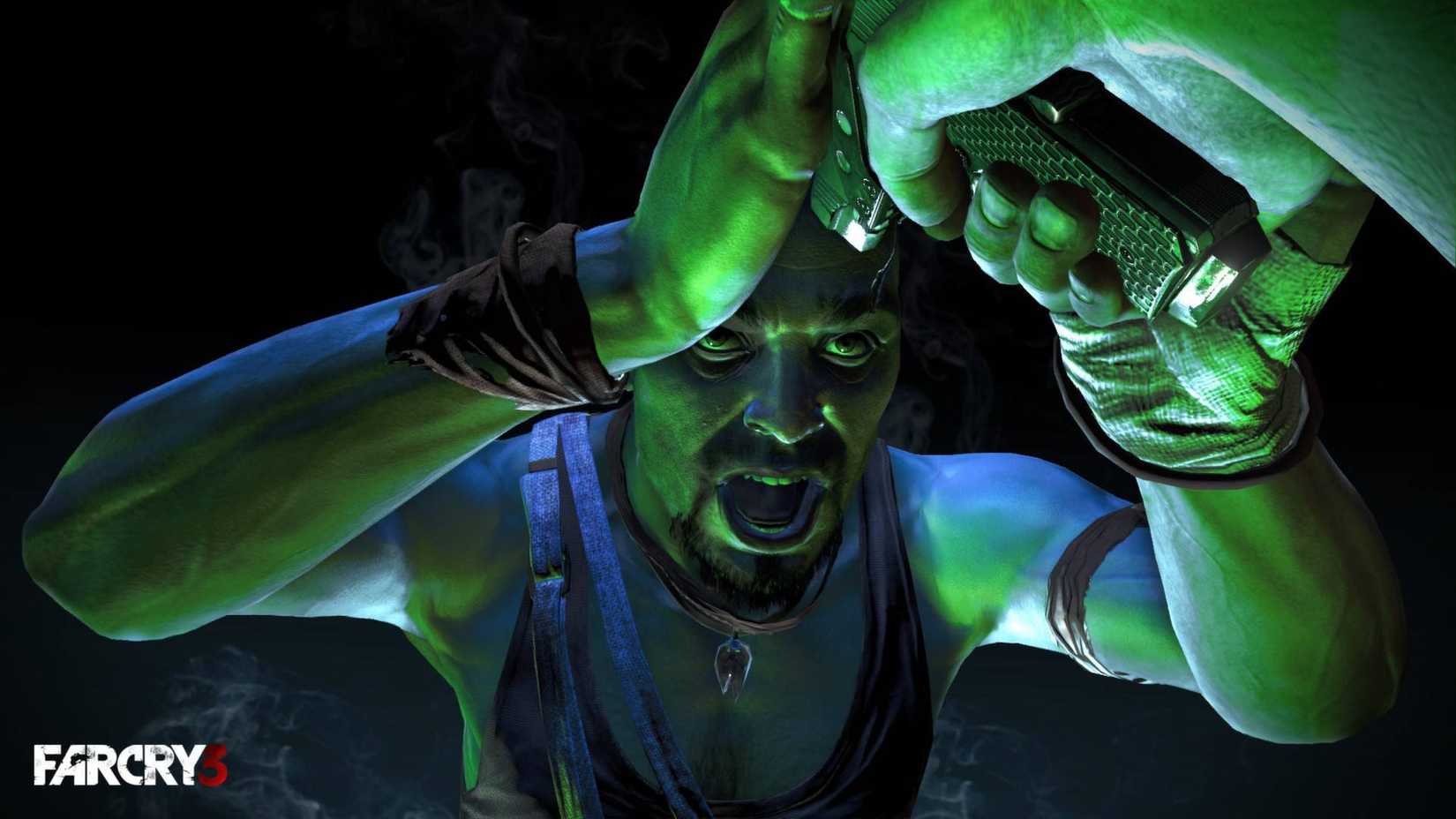 Jason pointing a gun at Vaas' head in Far Cry 3.