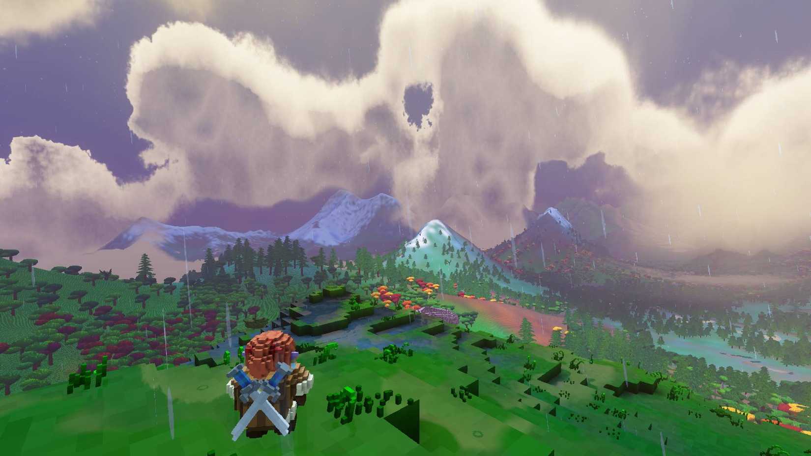 A player looking at a distant landscape while sat down in Veloren.