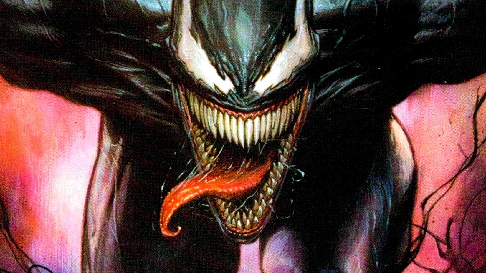 Venom smiles in red-themed Marvel Comics cover