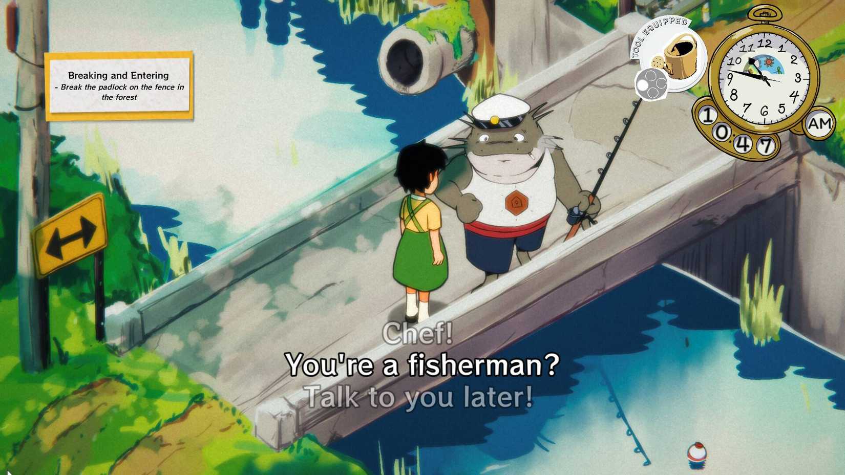 Jenny talking to a fisherman in Vivarium.