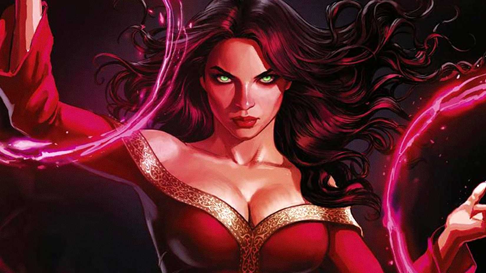 Wanda Maximoff aka Scarlet Witch wears her House of M attire while using her Chaos Magic