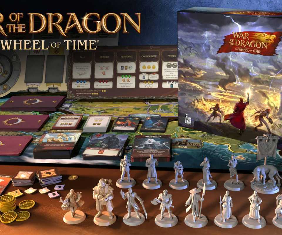 Wheel of Time War of the Dragon board game components all laid out next to the box.