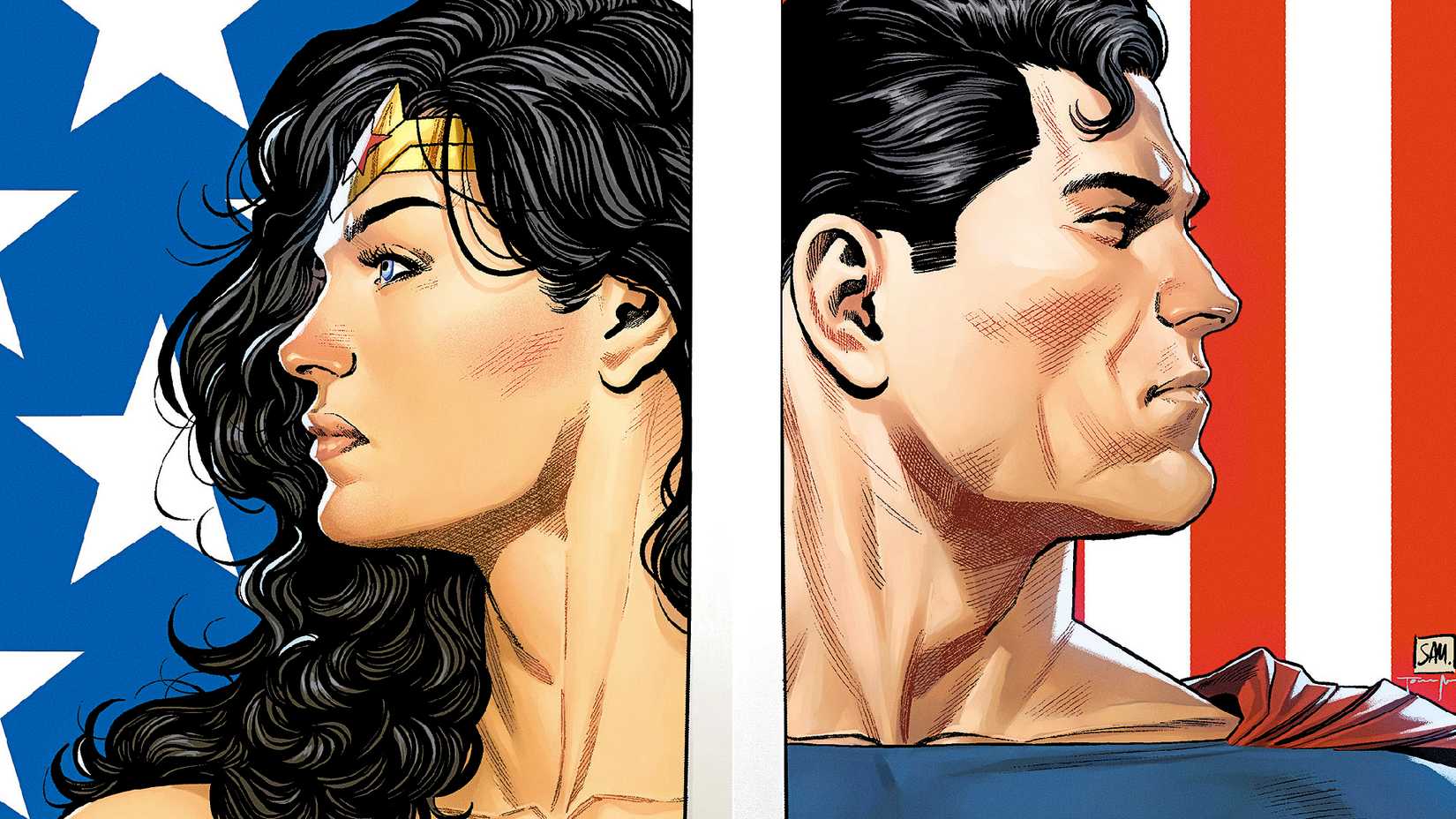 Wonder Woman and Superman stand in front of the US flag