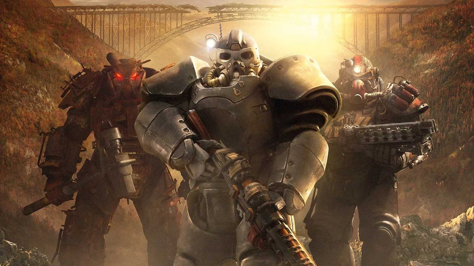 Three Fallout Power Armors standing next to each other in Wastelanders key art.
