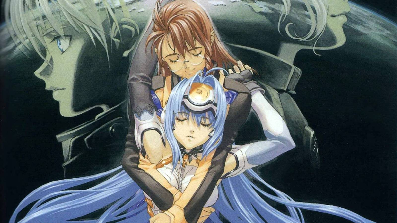 KOS-MOS being held in key art for Xenosaga.