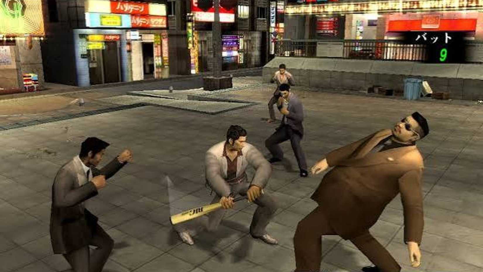 Kiryu beating up a group of enemies in Yakuza on the PS2.
